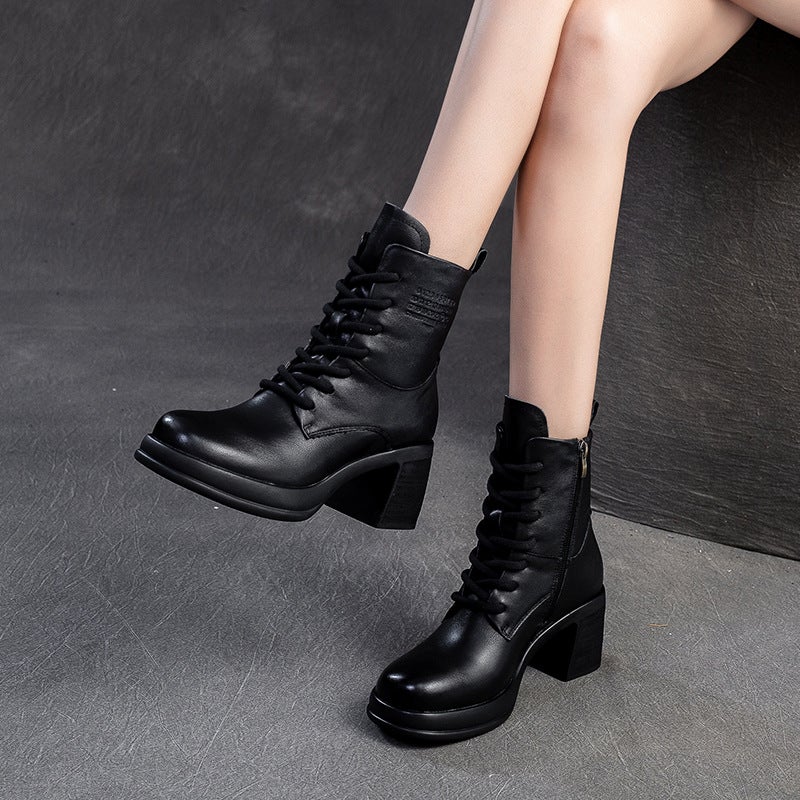 Shanghai Jietu 2024 Winter New High-Top Thin Boots Lace-Up Side Zipper Round Toe Martin Boots Fisherman Boots Short Boots - Image 5